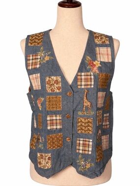 Vintage 90s Cottagecore patchwork zoo animal denim vest / waistcoat. L